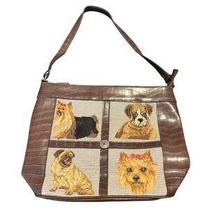 Vintage Elka Accessories Canvas Dog Purse Brown Shoulder Strap Embroidered